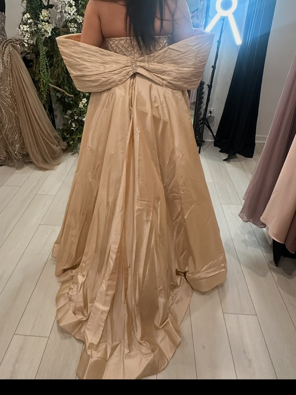 Embellished Champagne Evening Gown with Draped Cape - Picture 6 of 6
